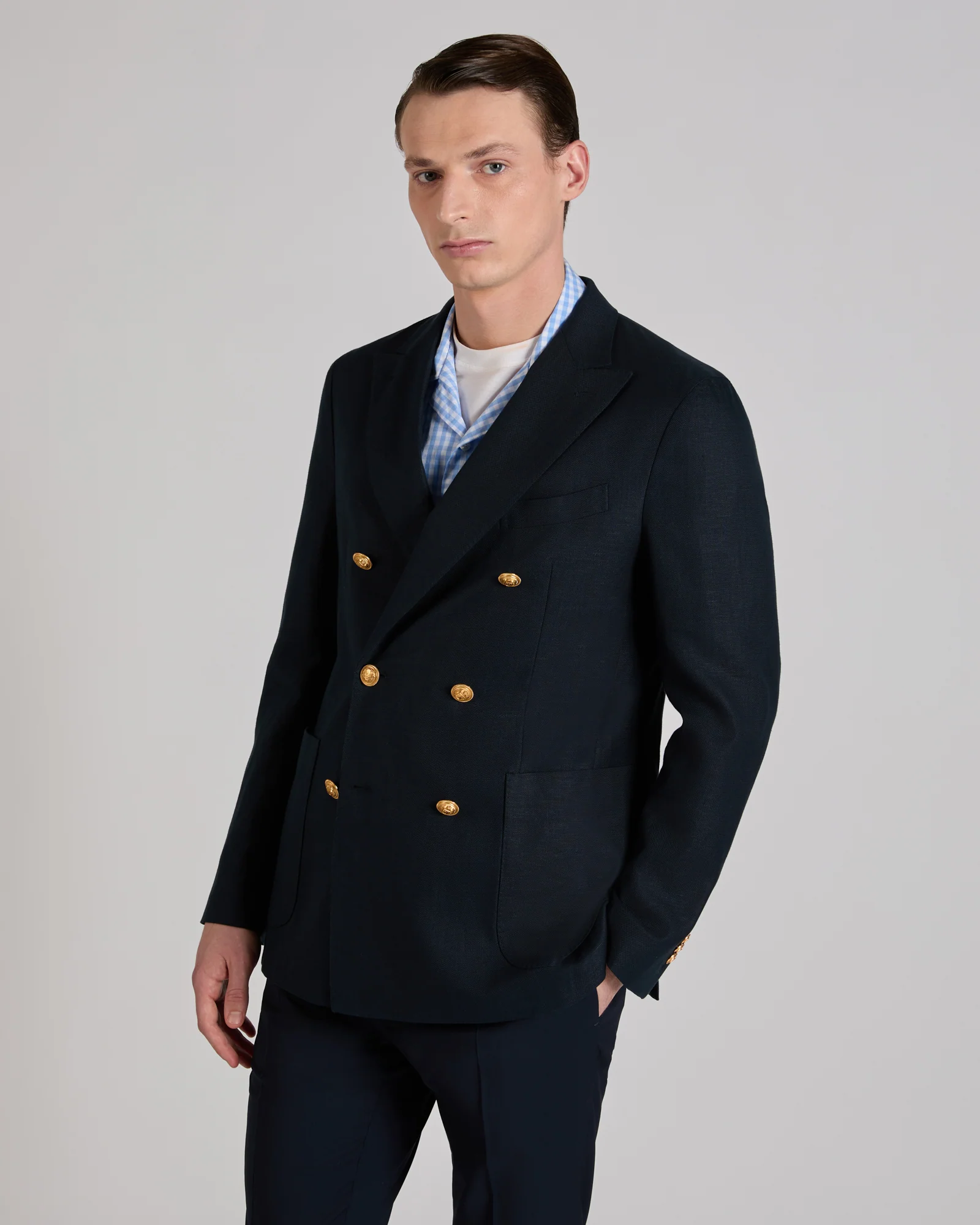 Regular fit stretch cotton and linen panama double-breasted jacket - Image 2