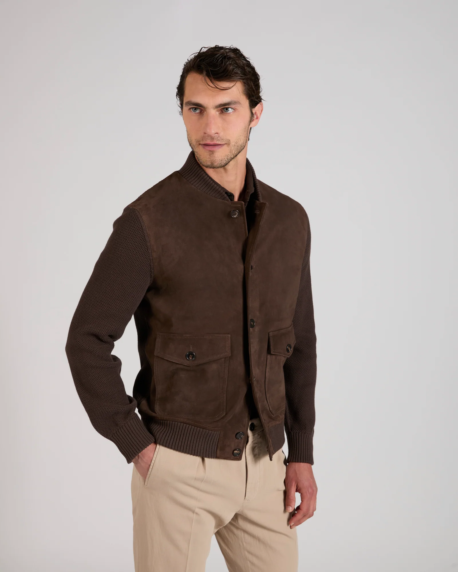 Slim fit suede and cotton bomber jacket - Image 2